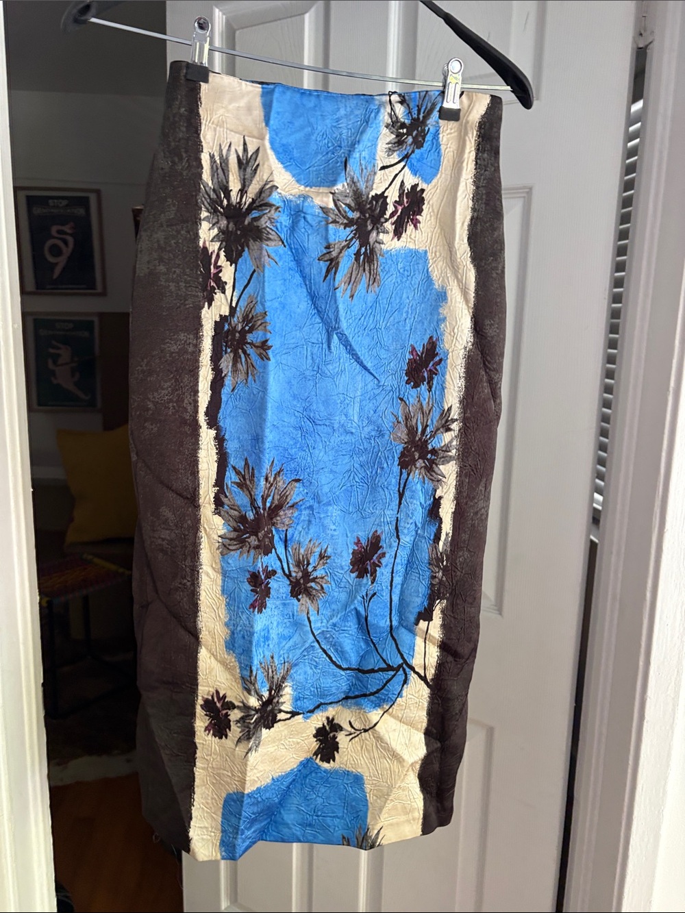 Floral Print Pencil Skirt in Blue, Cream & Brown